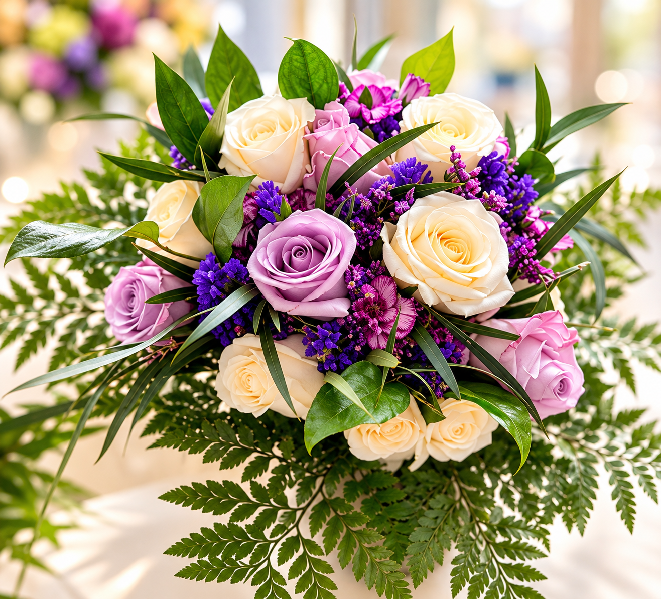 Lavender and ivory roses with purple flowers, lush greenery, and fern foliage against a softly blurred background