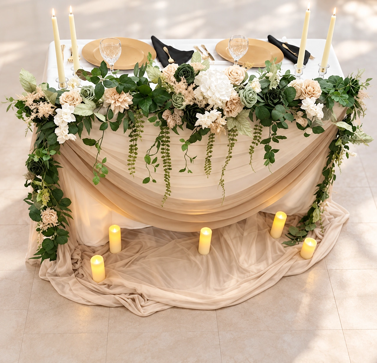 Sweetheart table with ivory florals, cascading greenery, champagne draping, gold tableware, and warm pillar candles