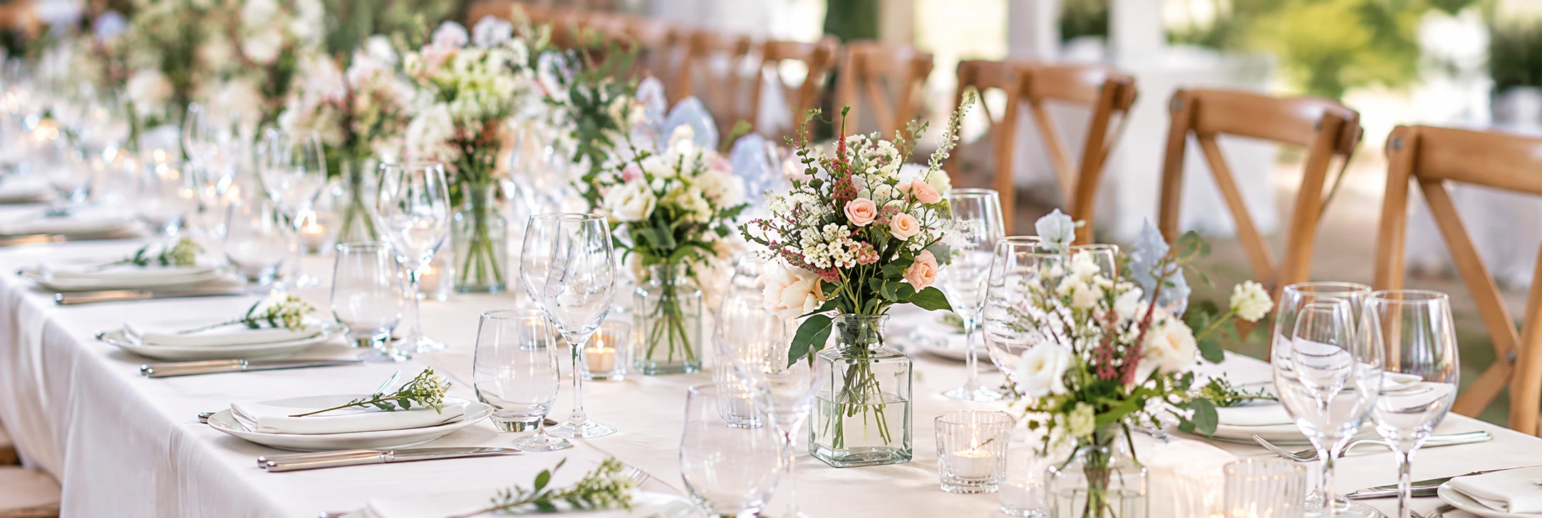 Blush and ivory flowers in clear glass vases with wine glasses and wooden chairs at a wedding reception