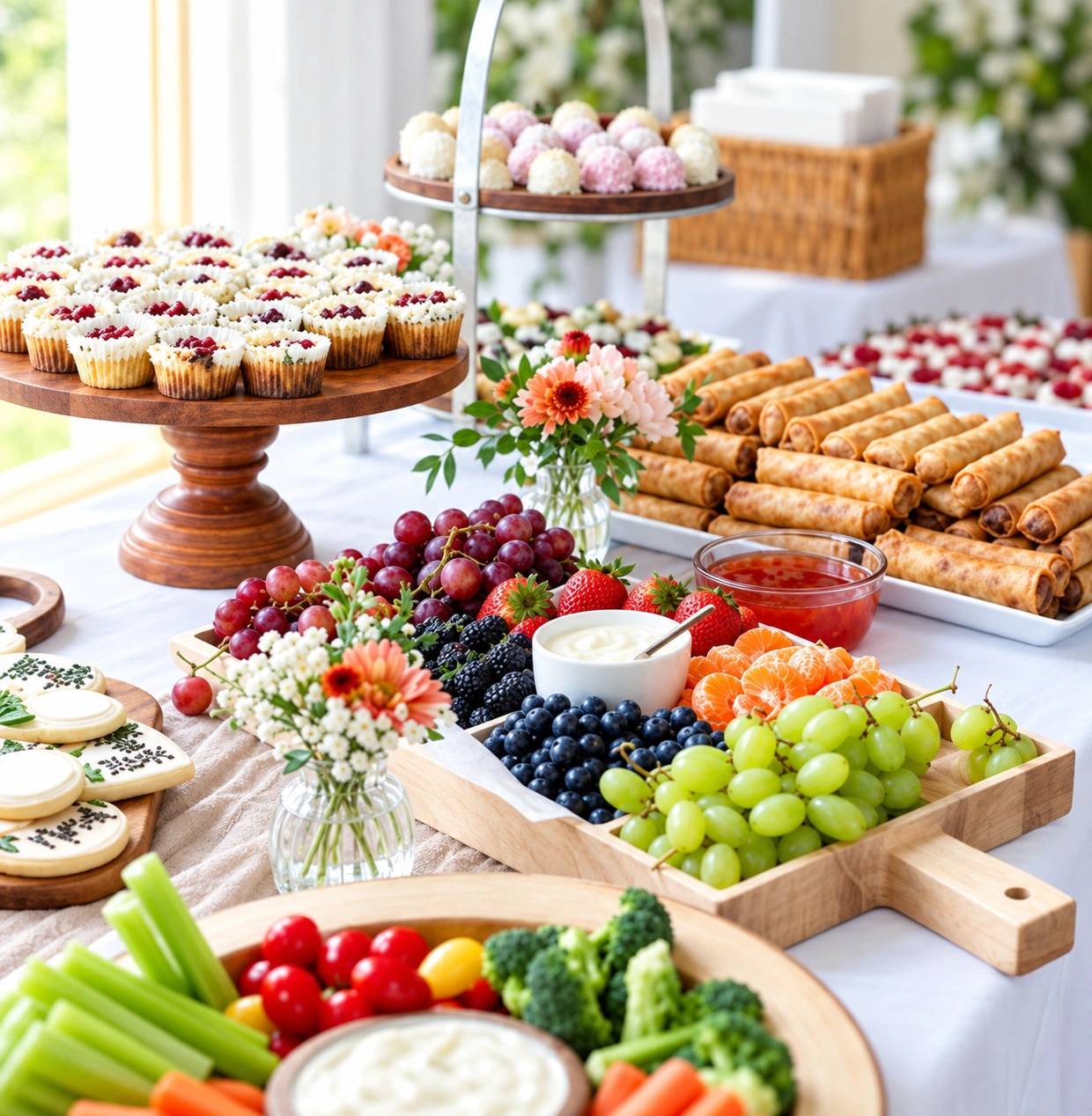 Bright celebration buffet display with fruit, vegetables, spring rolls, sweets, and small floral arrangements