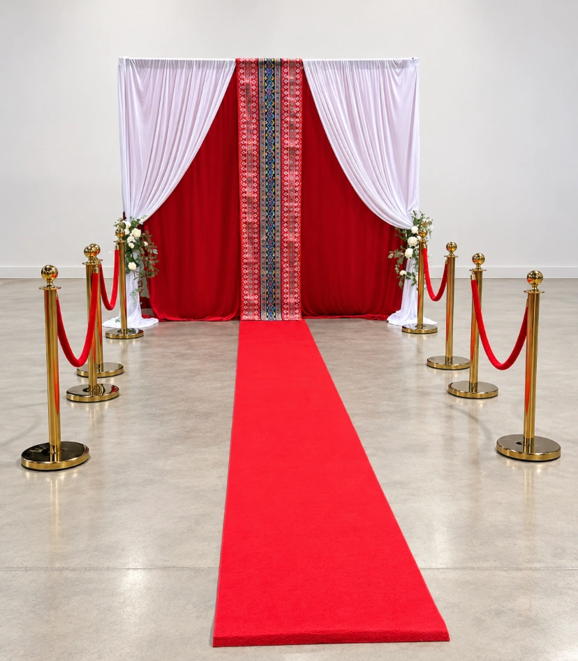 Full red carpet entrance with gold stanchions, red velvet ropes, white drapery, floral accents, and a red backdrop with a patterned cultural textile