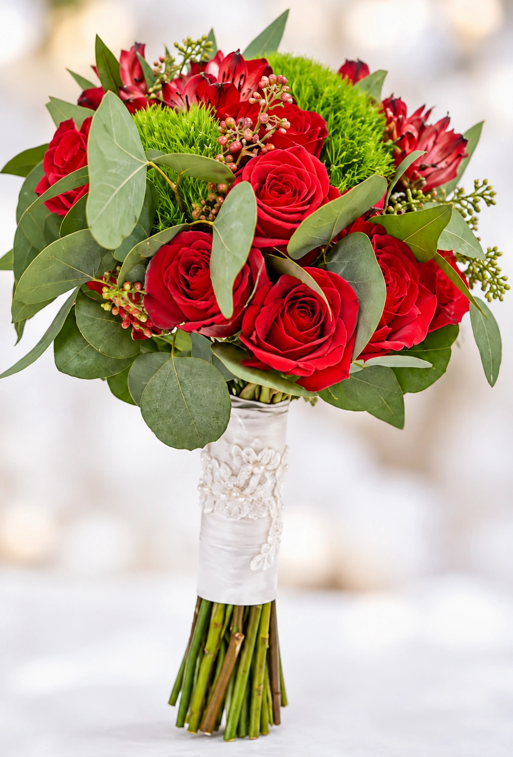 Red rose bridal bouquet with green blooms, eucalyptus, and a white lace-wrapped handle
