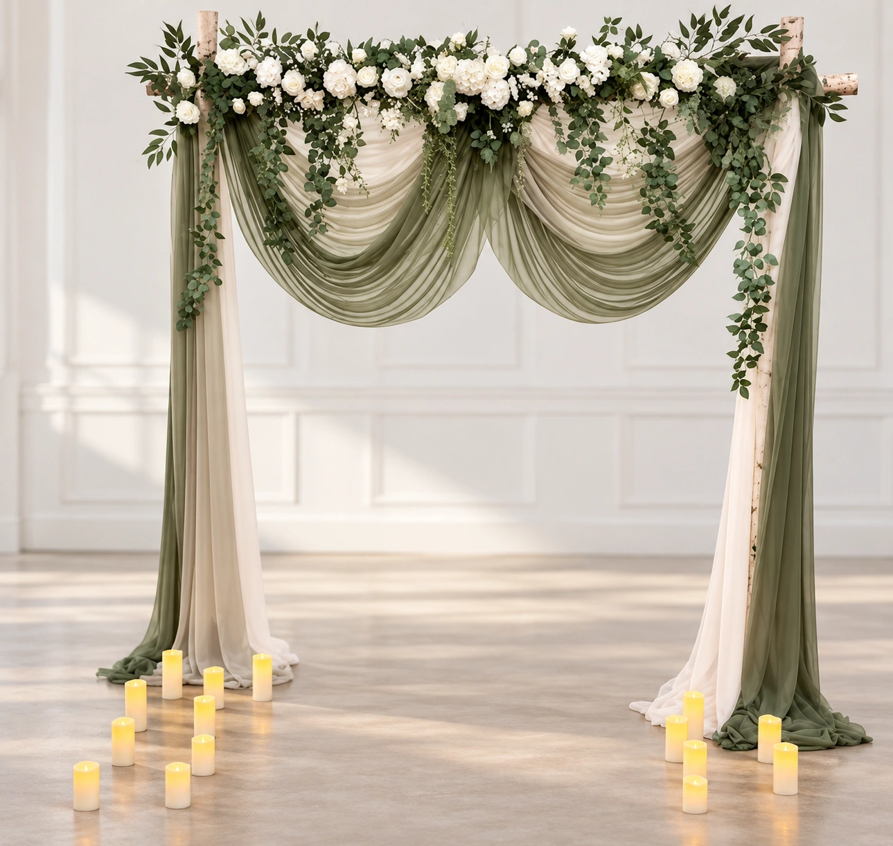 Full sage and ivory draped ceremony backdrop with a white floral garland, trailing greenery, and pillar candles